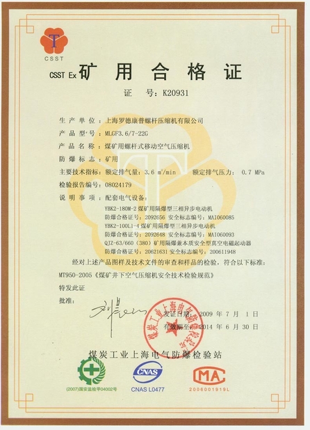 China Shanghai Rotorcomp Screw Compressor Co., Ltd certificaten