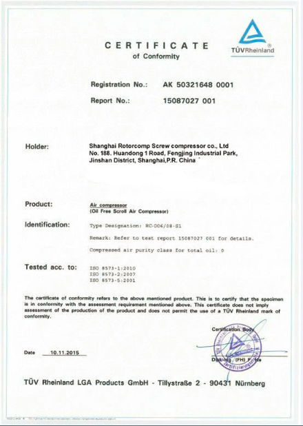 China Shanghai Rotorcomp Screw Compressor Co., Ltd certificaten